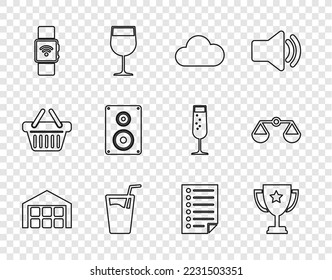 Set line Warehouse, Trophy cup, Cloud, Glass with water, Smartwatch wireless, Stereo speaker, Document and Scales of justice icon. Vector