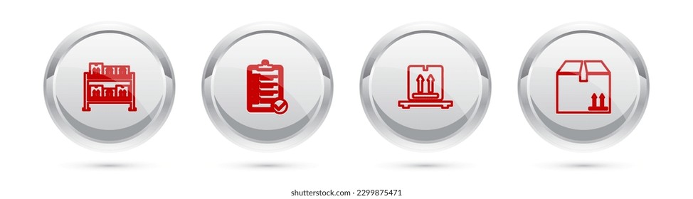Set line Warehouse, Verification of delivery list, Cardboard boxes pallet and with traffic. Silver circle button. Vector