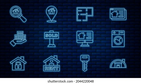 Set line Warehouse, Washer, House plan, Hanging sign with text Sold, Skyscraper, Search, Online real estate and Location icon. Vector