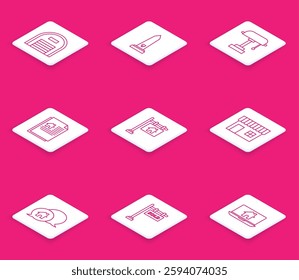 Set line Warehouse, Washington monument, Table lamp, House contract, Hanging sign with text Sale, Shopping building or market store, speech bubble and Sold icon. Vector