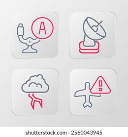 Set line Warning aircraft, Storm, Radar and Aircraft steering helm icon. Vector