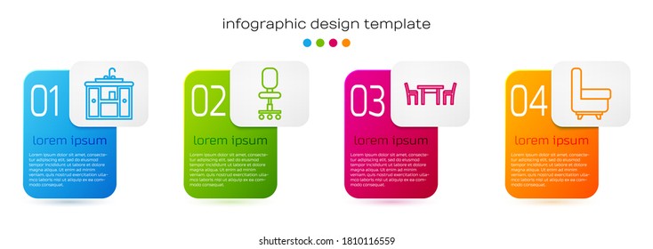 Set line Washbasin cabinet with tap, Office chair, Wooden table with chair and Armchair. Business infographic template. Vector