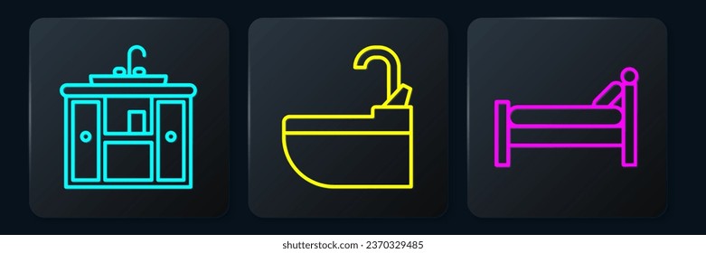 Set line Washbasin cabinet with tap, Bed and Washbasin with water tap. Black square button. Vector