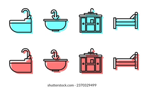 Set line Washbasin cabinet with tap, Washbasin with water tap, Washbasin with water tap and Bed icon. Vector