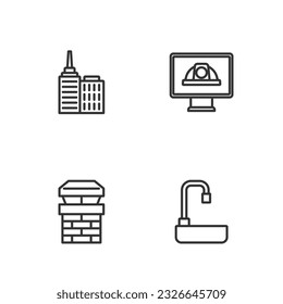 Set line Washbasin, Chimney, City landscape and Worker safety helmet icon. Vector