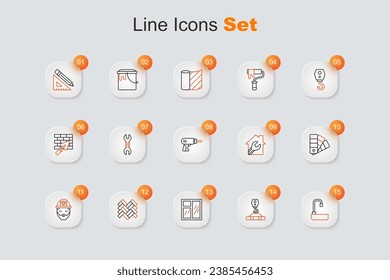 Set Linie Waschbecken, Kranhaken, Fensterraum, Parkett, Bauer, Farbpalettenführer, Haus mit Spanner und Elektrische Bohrmaschine Symbol. Vektorgrafik