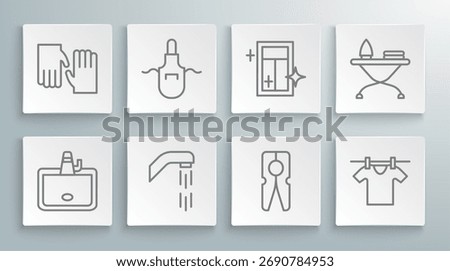 Set line Washbasin, Kitchen apron, Shower head, Clothes pin, Drying clothes, Cleaning service for window, Iron and ironing board and Rubber gloves icon. Vector