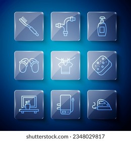 Set line Washbasin mirror, Electric boiler, iron, Bottle of liquid soap, Drying clothes, Flip flops, Toothbrush and Sponge icon. Vector