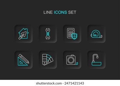 Lavabo de línea, construcción de la ruleta, guía de la paleta de colores, Regla triangular y lápiz, panel de acceso del teclado de seguridad, llave inglesa y casa con icono de paleta. Vector