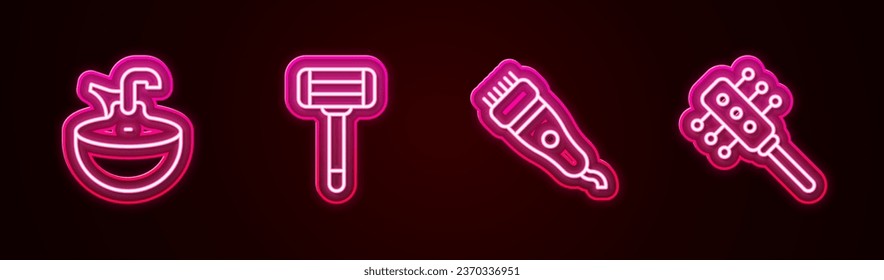 Set line Washbasin, Shaving razor, Electrical hair clipper and Hairbrush. Glowing neon icon. Vector