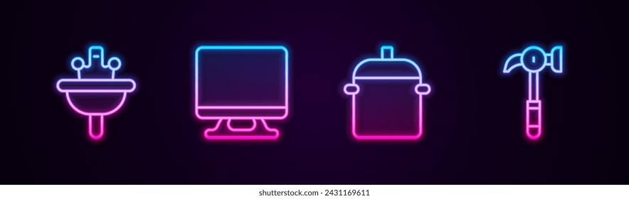Set line Washbasin, Smart Tv, Cooking pot and Hammer. Glowing neon icon. Vector