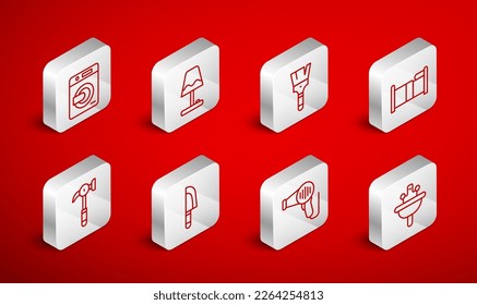 Set line Washbasin, Table lamp, Paint brush, Bed, Hair dryer, Washer, Knife and Hammer icon. Vector