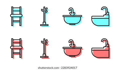 Set line Washbasin with water tap, Chair, Coat stand and Washbasin with water tap icon. Vector