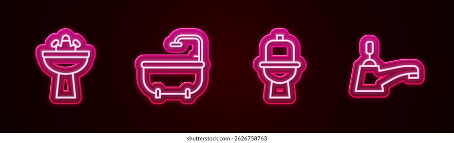 Set line Washbasin with water tap, Bathtub, Toilet bowl and Water. Glowing neon icon. Vector
