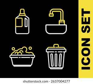 Set line Washbasin with water tap, Trash can, Plastic soap suds and Fabric softener icon. Vector