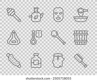 Set line Washcloth, Sauna brush, Facial cosmetic mask, Bottle of vodka, Honey dipper stick, thermometer, Wooden log and bucket icon. Vector