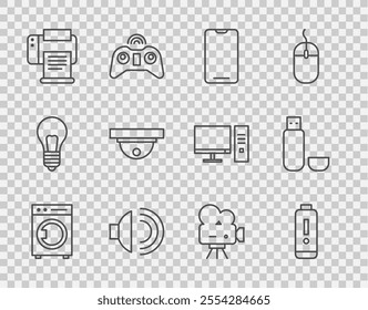 Set line Washer, Battery charge level indicator, Smartphone, mobile phone, Speaker volume, Printer, Motion sensor, Retro cinema camera and USB flash drive icon. Vector