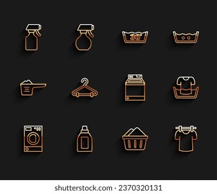 Set line Washer, Bottle for cleaning agent, Water spray bottle, Basin with soap suds, Drying clothes, Hanger wardrobe, shirt and  icon. Vector