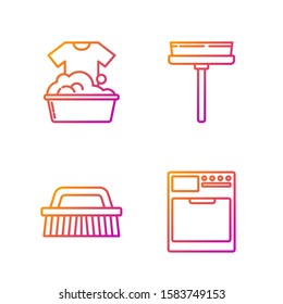 Set line Washer , Brush for cleaning , Plastic basin with soap suds  and Squeegee, scraper, wiper. Gradient color icons. Vector