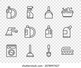 Set line Washer, Brush for cleaning, Dustpan, Rubber plunger, Dishwashing liquid bottle and plate, Toilet brush and Bottles agent icon. Vector