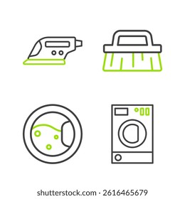 Set line Washer, Brush for cleaning and Electric iron icon. Vector