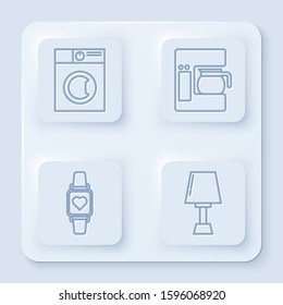 Set line Washer , Coffee machine with glass pot , Smart watch showing heart beat rate  and Table lamp . White square button. Vector