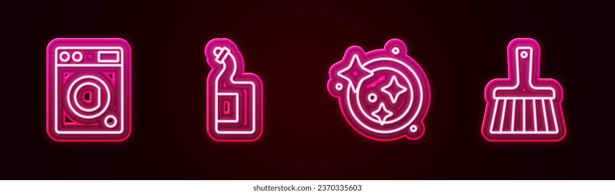 Set line Washer, Dishwashing liquid bottle, Washing dishes and Handle broom. Glowing neon icon. Vector