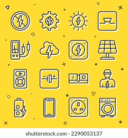 Set line Washer, Electrician, Solar energy panel, Cloud and lightning, Ampere meter, multimeter, No and Lightning bolt icon. Vector