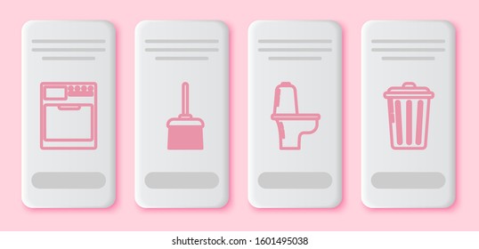 Set line Washer , Handle broom , Toilet bowl  and Trash can . White rectangle button. Vector