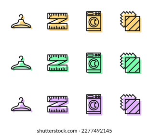 Set line Washer, Hanger wardrobe, Tape measure and Layers clothing textile icon. Vector