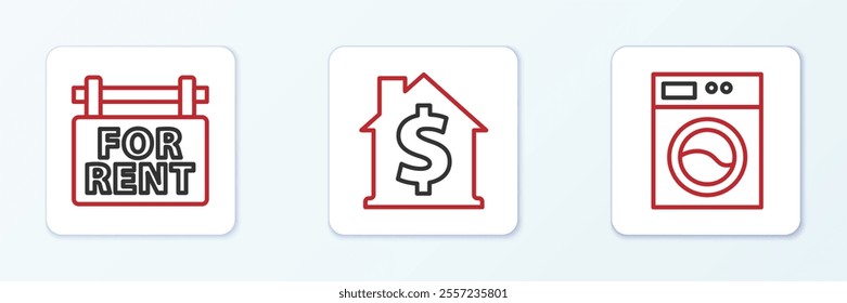 Set line Washer, Hanging sign with For Rent and House dollar symbol icon. Vector