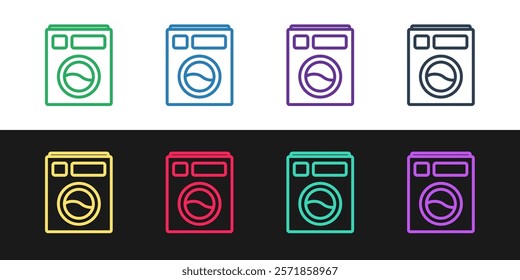 Set line Washer icon isolated on black and white background. Washing machine icon. Clothes washer - laundry machine. Home appliance symbol.  Vector Illustration