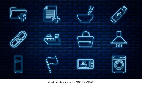 Set line Washer, Kitchen extractor fan, Bowl with chopsticks, Cargo ship, Chain link, Add new folder, Handbag and file icon. Vector