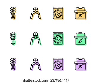 Ajuste el lavaparabrisas de línea, la bombilla de luz LED, la herramienta Pliers y el icono del electricista del Cuadro de herramientas. Vector
