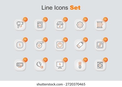 Set línea lavadora, bombilla led, Smart Tv, planeta de energía global con enchufe, toma de corriente, sin rayos, Recargo de batería e icono de Botón de energía. Vector