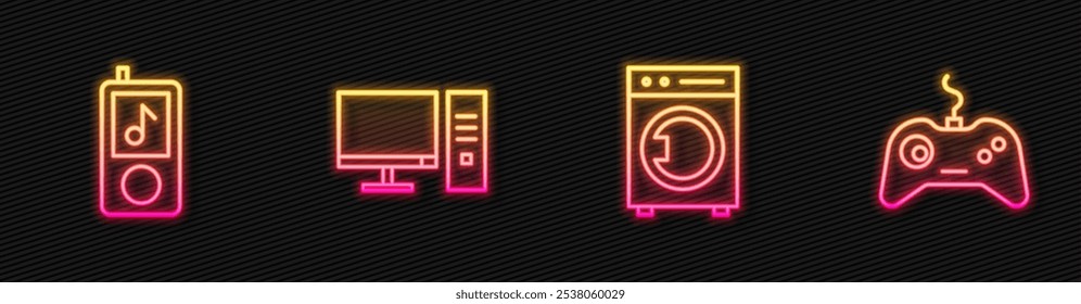 Set line Washer, Music player, Computer monitor and Gamepad. Glowing neon icon. Vector