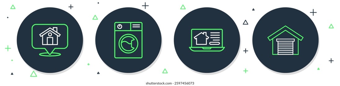 Set line Washer, Online real estate house, Location with and Garage icon. Vector