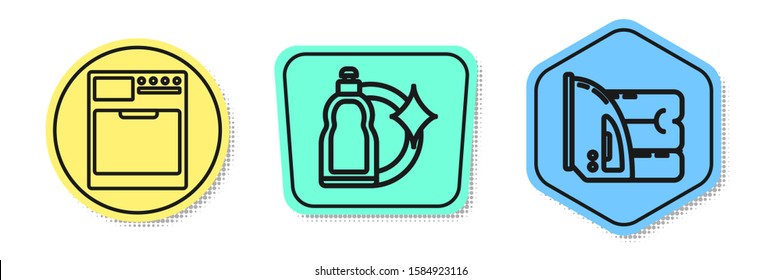 Set line Washer , Plastic bottles for liquid dishwashing liquid and Electric iron and towel . Colored shapes. Vector
