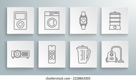 Set line , Washer, Remote control, Measuring cup, Vacuum cleaner, Smart watch showing heart beat rate, Double boiler and Music player icon. Vector