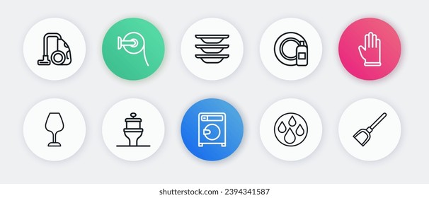 Lavadora de línea, Guantes de goma, Vidrio, Abrazo de agua, Botella y plato de lavado de lavado, Lavadoras, Icono de tazón Dustpan y Toilet. Vector