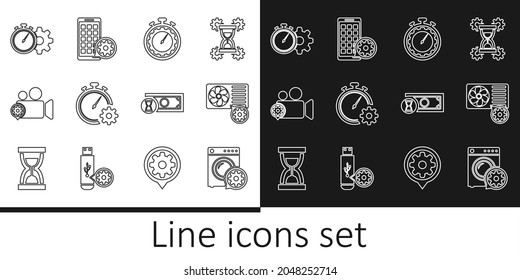 Ajuste el ajuste del lavaparabrisas en línea, Aire acondicionado, Administración de tiempo, videocámara, pagos rápidos e icono de aplicaciones móviles. Vector
