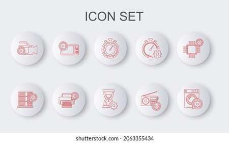 Set line Washer setting, Server, Time management, Radio, Video camera, Microwave oven, Printer and Hourglass icon. Vector