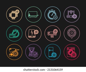 Set line Washer setting, Setting, Time management, Power bank, Fast payments, Processor, Air conditioner and Toaster icon. Vector