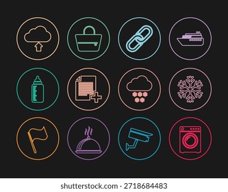 Set line Unterlegscheibe, Schneeflocke, Kettenglied, Neue Datei hinzufügen, Babyflasche, Wolkenupload, mit Schnee und Handtaschen-Symbol. Vektorgrafik