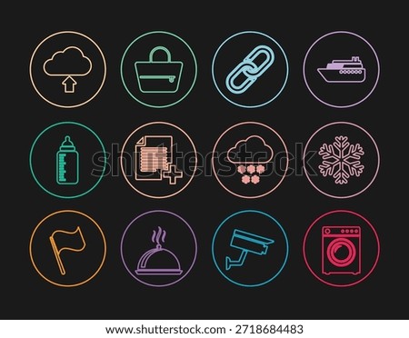 Set line Washer, Snowflake, Chain link, Add new file, Baby bottle, Cloud upload, with snow and Handbag icon. Vector