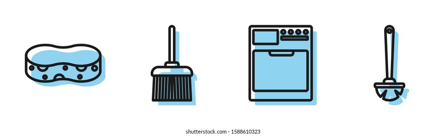 Set line Washer , Sponge , Handle broom  and Toilet brush  icon. Vector