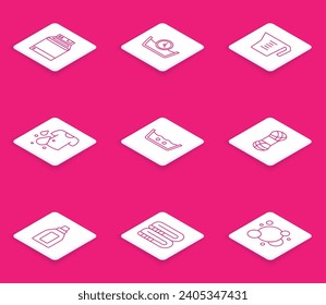 Arreglador de línea, Lavado de tiempo, taza de medición, camiseta sucia, Temperatura, Hilado, Botella para agente de limpieza e icono de pila de toallas. Vector