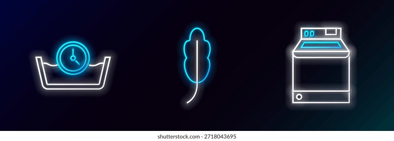 Establecer línea Lavadora, Time wash e icono de pluma. Brillante neón. Vector