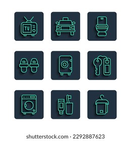 Set line Washer, Toothbrush and toothpaste, Towel on hanger, Toilet bowl, Safe, Hotel slippers, Retro tv and door lock key icon. Vector