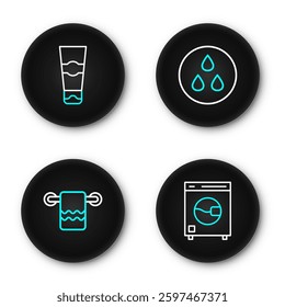 Set line Washer, Towel on hanger, Water drop and Tube of toothpaste icon. Vector